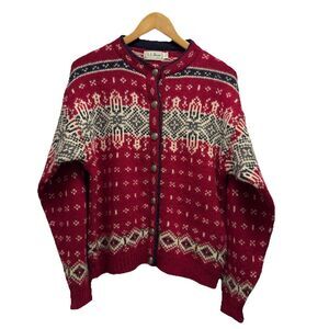 L.L. Bean Vtg Womens Size M Fair Isle Red Wool Metal Button Cardigan Sweater USA